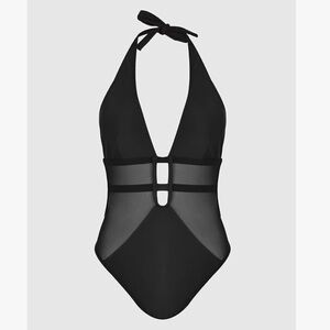 Mesh Plunging Halter One Piece Swimsuit size M